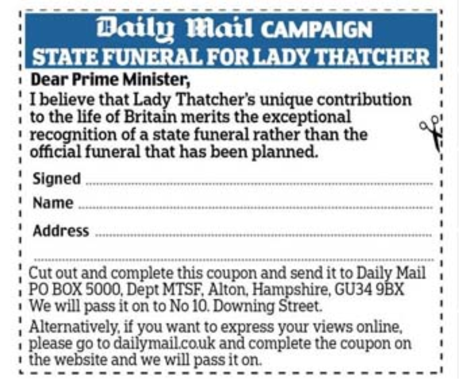الدايلي ميل تطلق حملة "State Funeral For Lady Thatcher"
